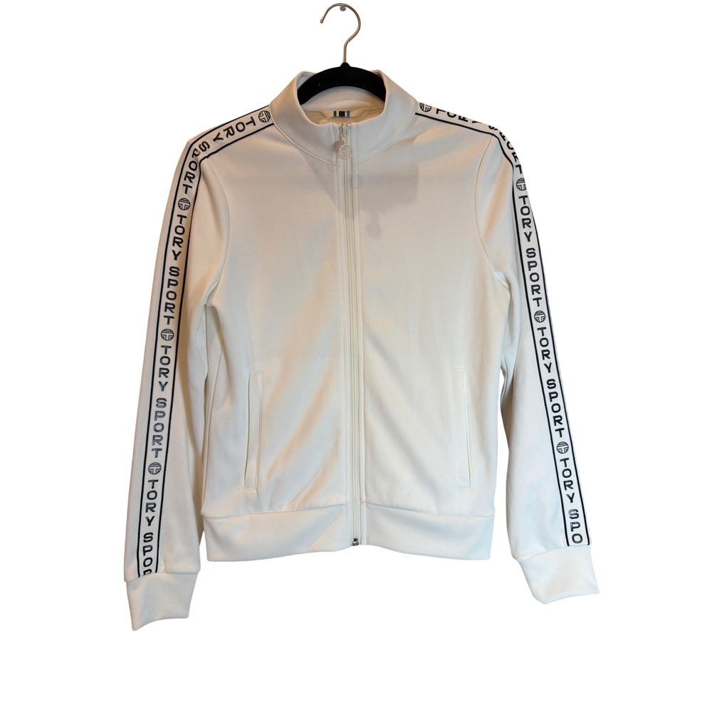 Tory Sport Womens White Logo Tape Track Jacket Full Zip Mock Neck Small Preppy